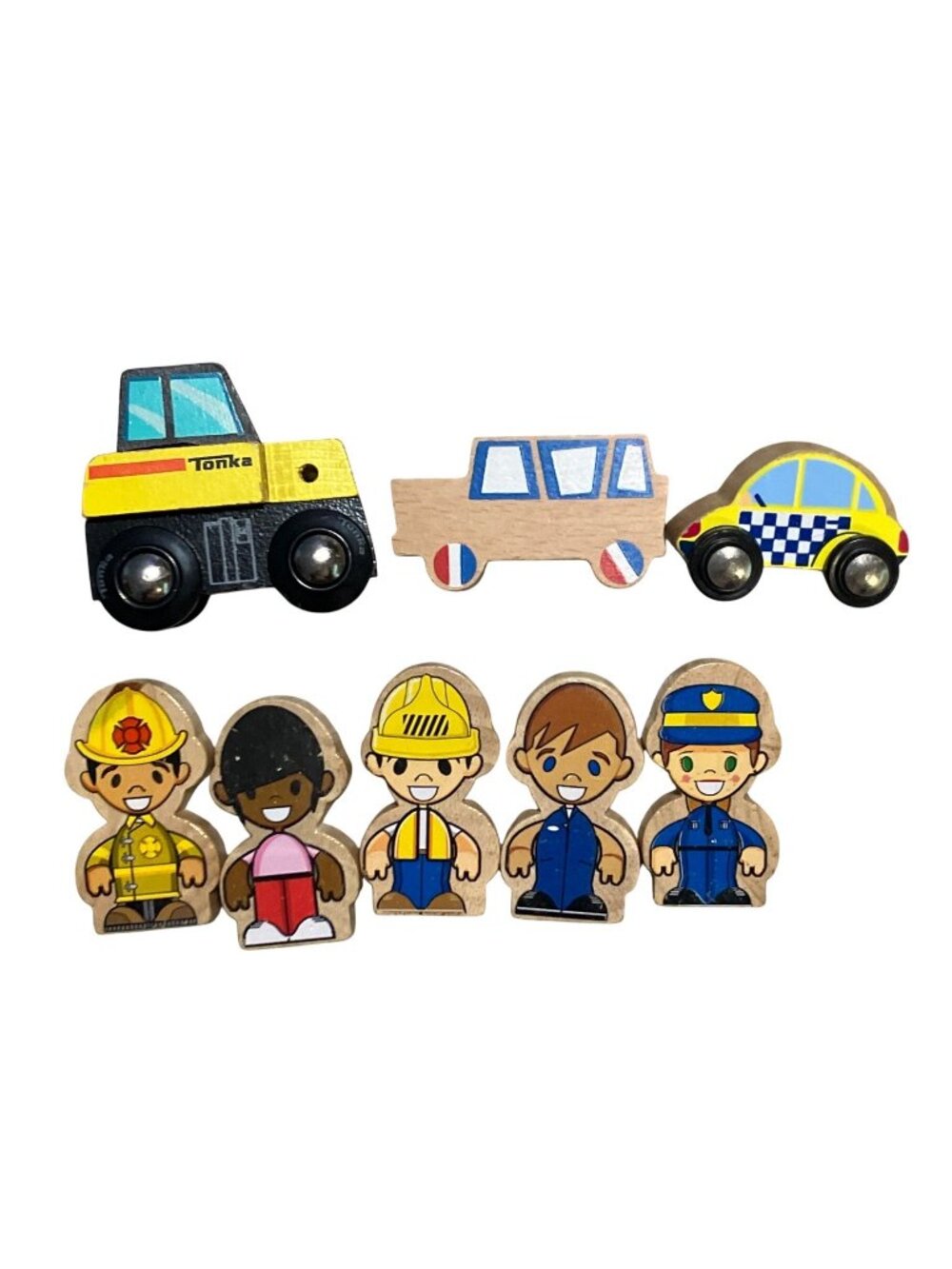 Wooden Toy Figures and Vehicles Set Featuring Police Cars And Worker Figures